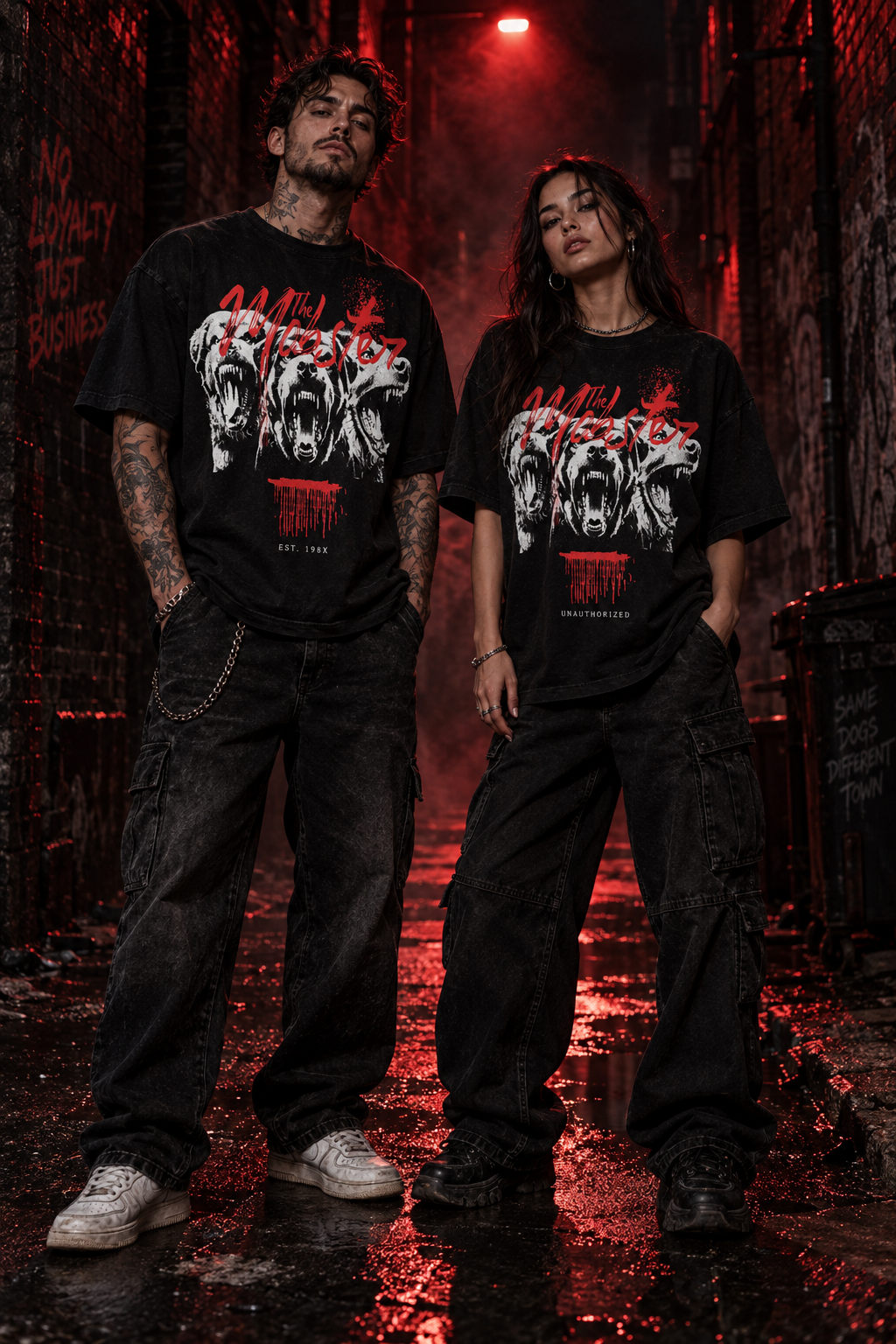 Black unisex graphic t-shirt set with animal face “Born for Crime” prints