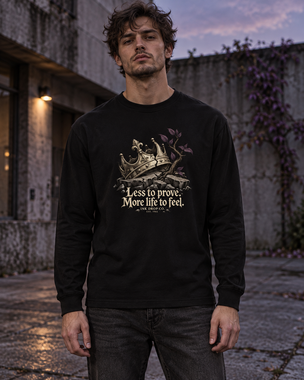 Unisex black long-sleeve graphic tee on model, front crown and quote print