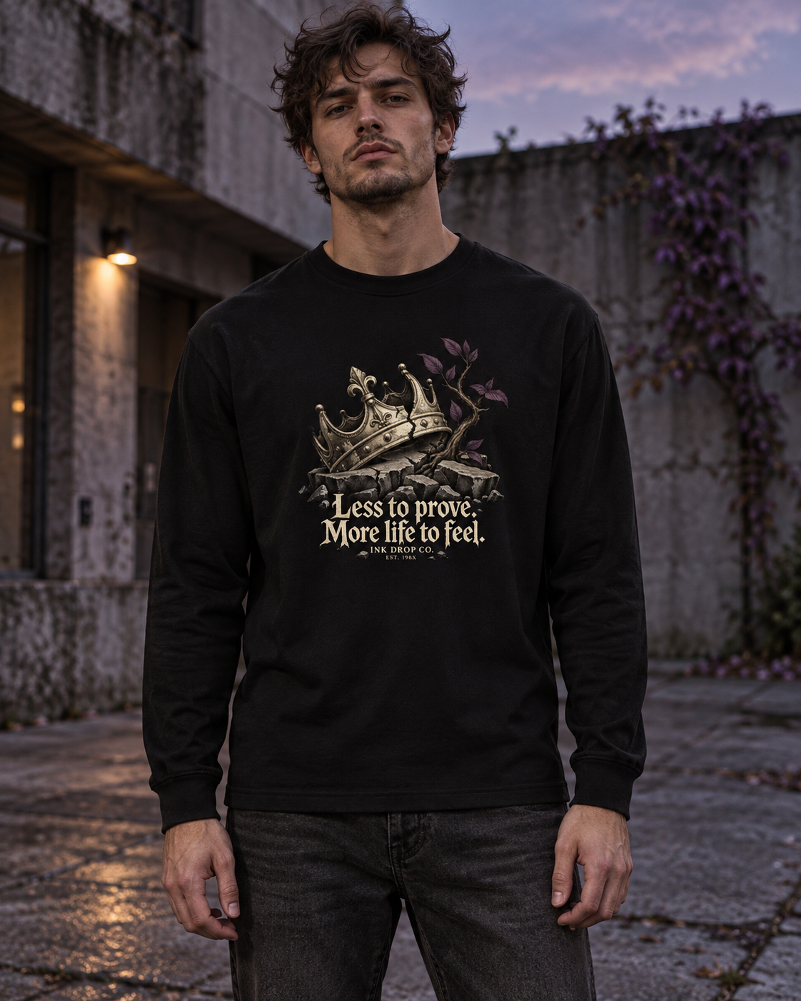 Unisex black long-sleeve graphic tee on model, front crown and quote print