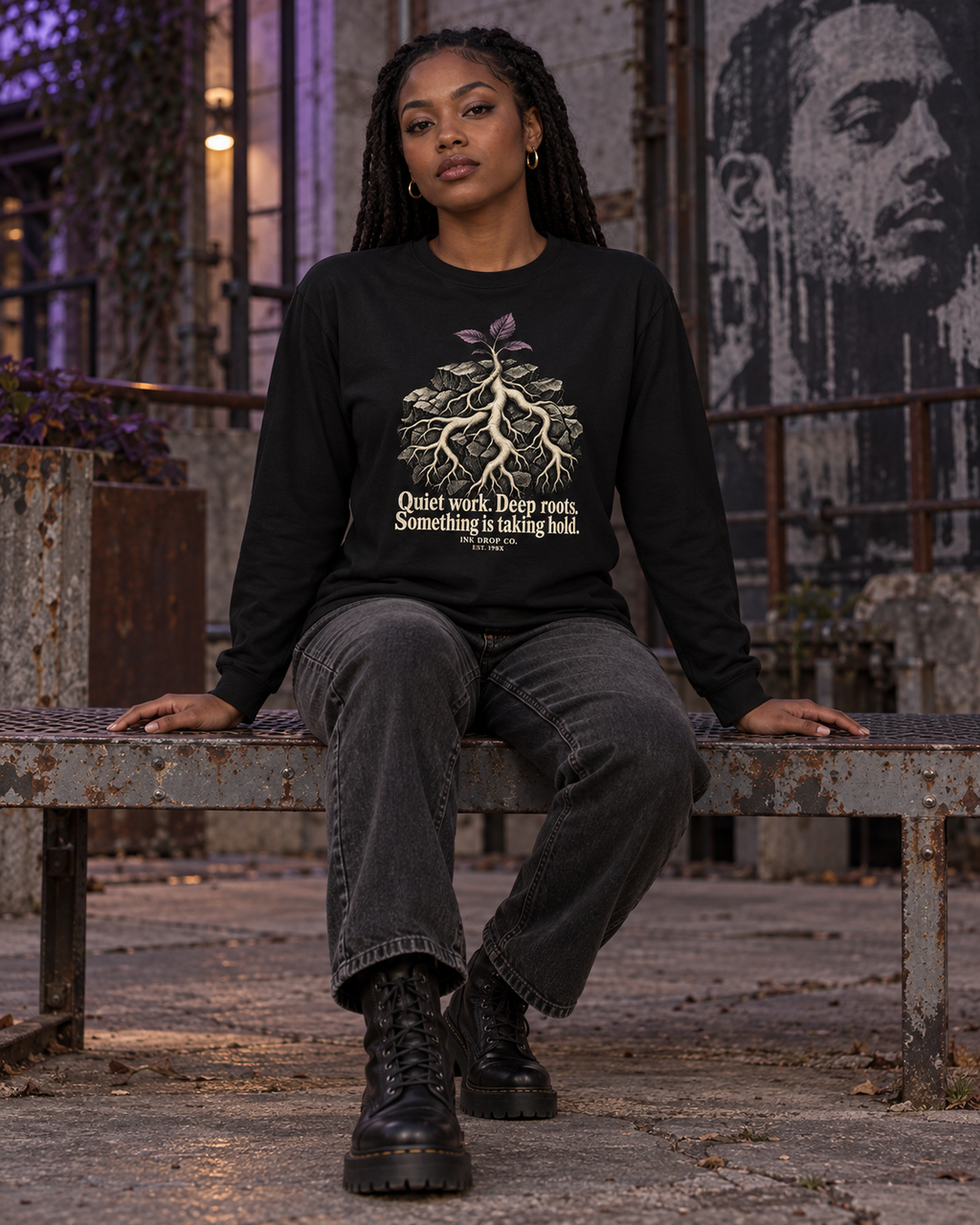 Black unisex long-sleeve graphic tee with tree-roots quote print