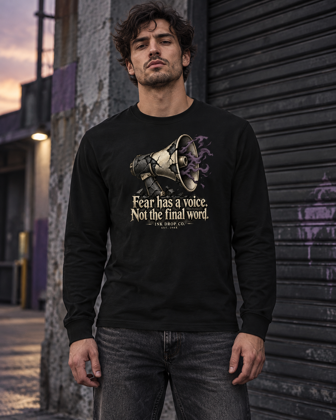Black unisex long-sleeve crewneck tee with megaphone graphic worn outdoors