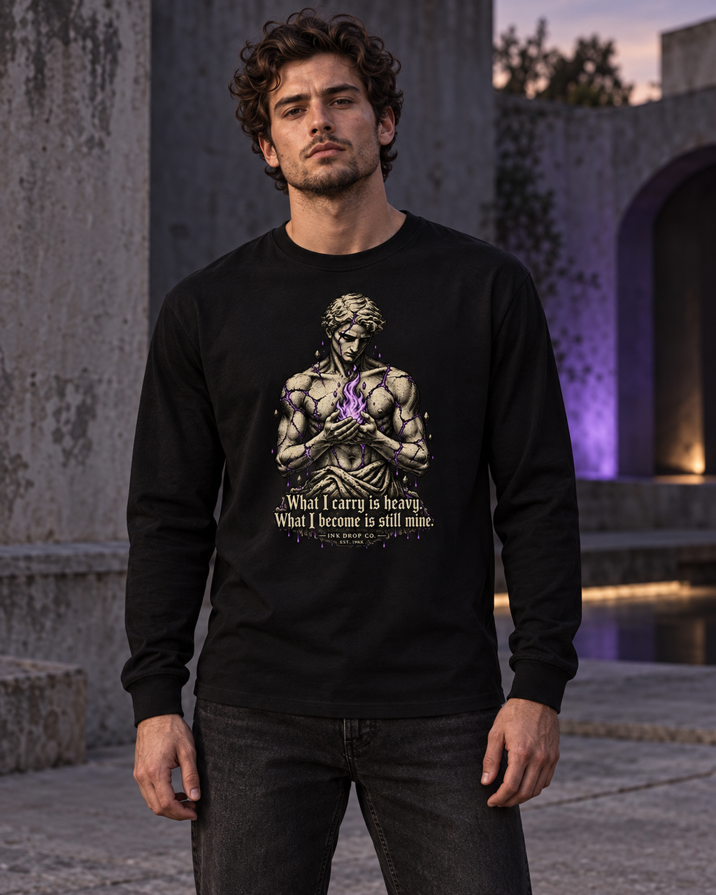 Unisex black long-sleeve graphic tee worn by model, muscular portrait and quote on front.