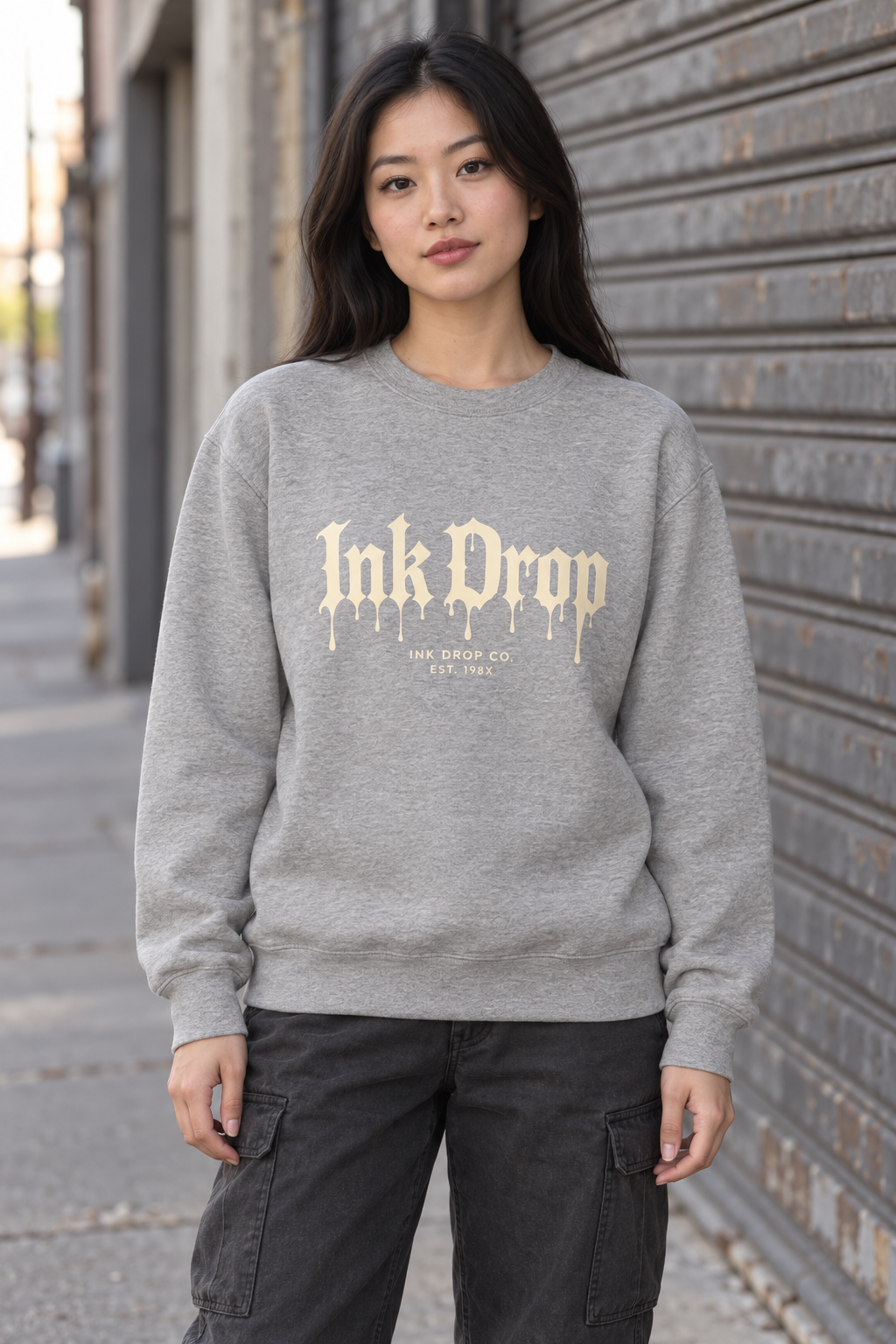 Light gray unisex crewneck sweatshirt with InkDrop drip logo on chest