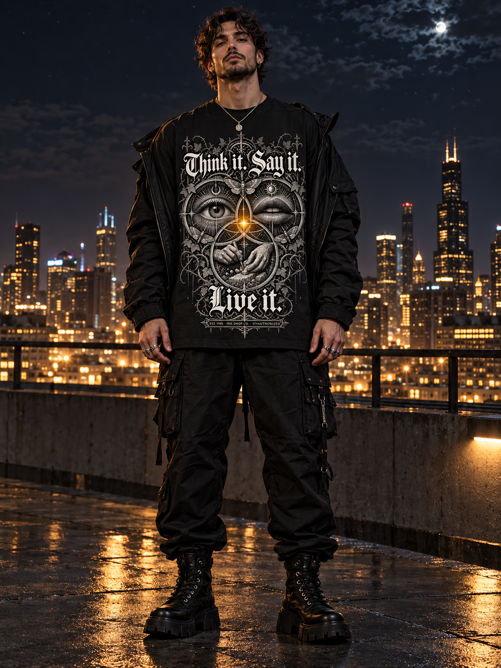 Black unisex graphic tee with front skull eye hand graphic, relaxed fit