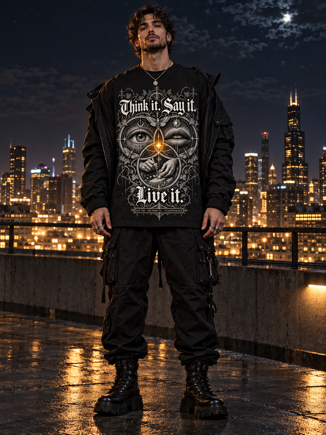 Black unisex graphic tee with front skull eye hand graphic, relaxed fit