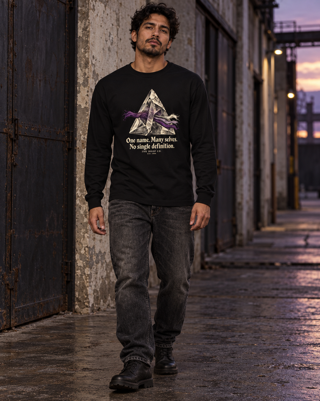 Black long-sleeve graphic tee on model, centered crew-neck front print