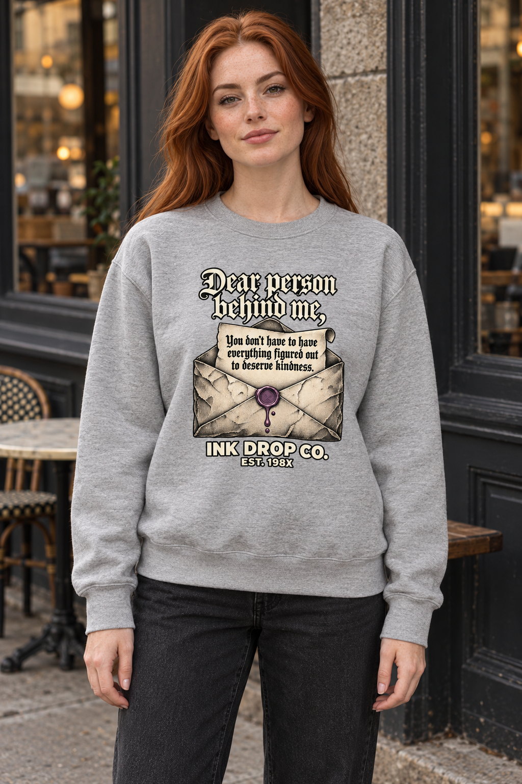 Unisex crewneck sweatshirt in light heather gray with front text graphic print