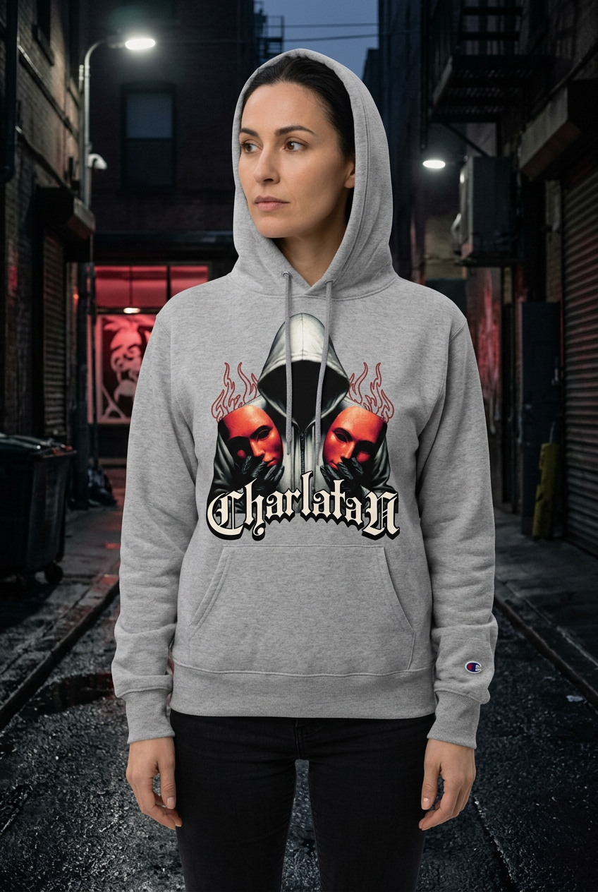 Light gray Champion hoodie with a gothic skull graphic and Charlatan lettering, modeled on a woman