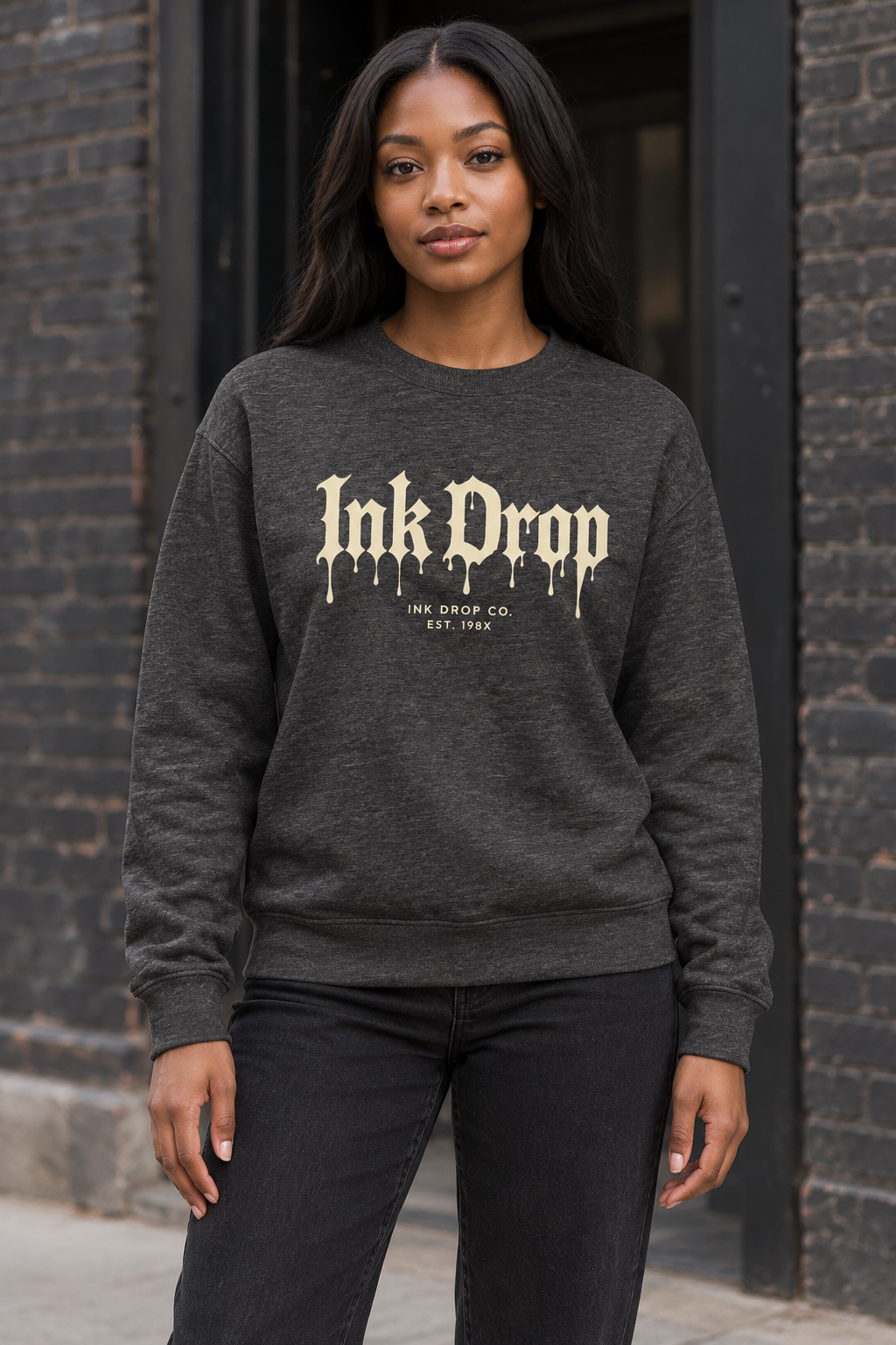 Charcoal heather unisex crewneck sweatshirt with InkDrop drip logo front