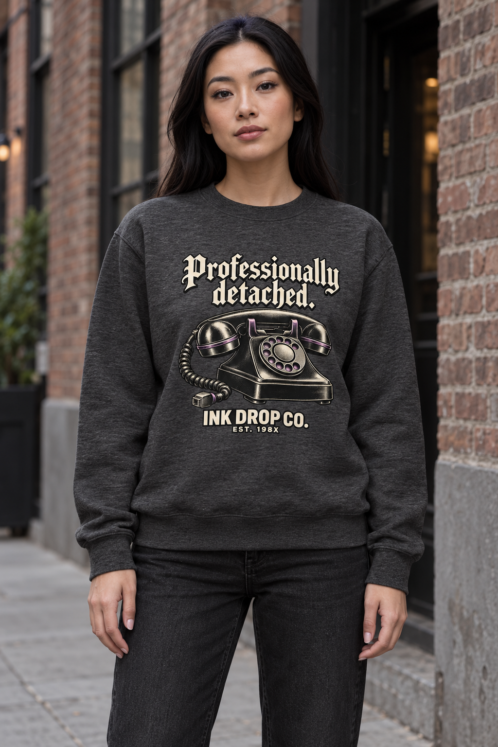 Dark charcoal unisex crewneck sweatshirt with front graphic and ribbed hem