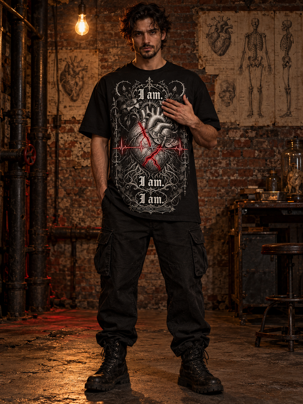 Black unisex graphic tee, front heart illustration with red crack lines