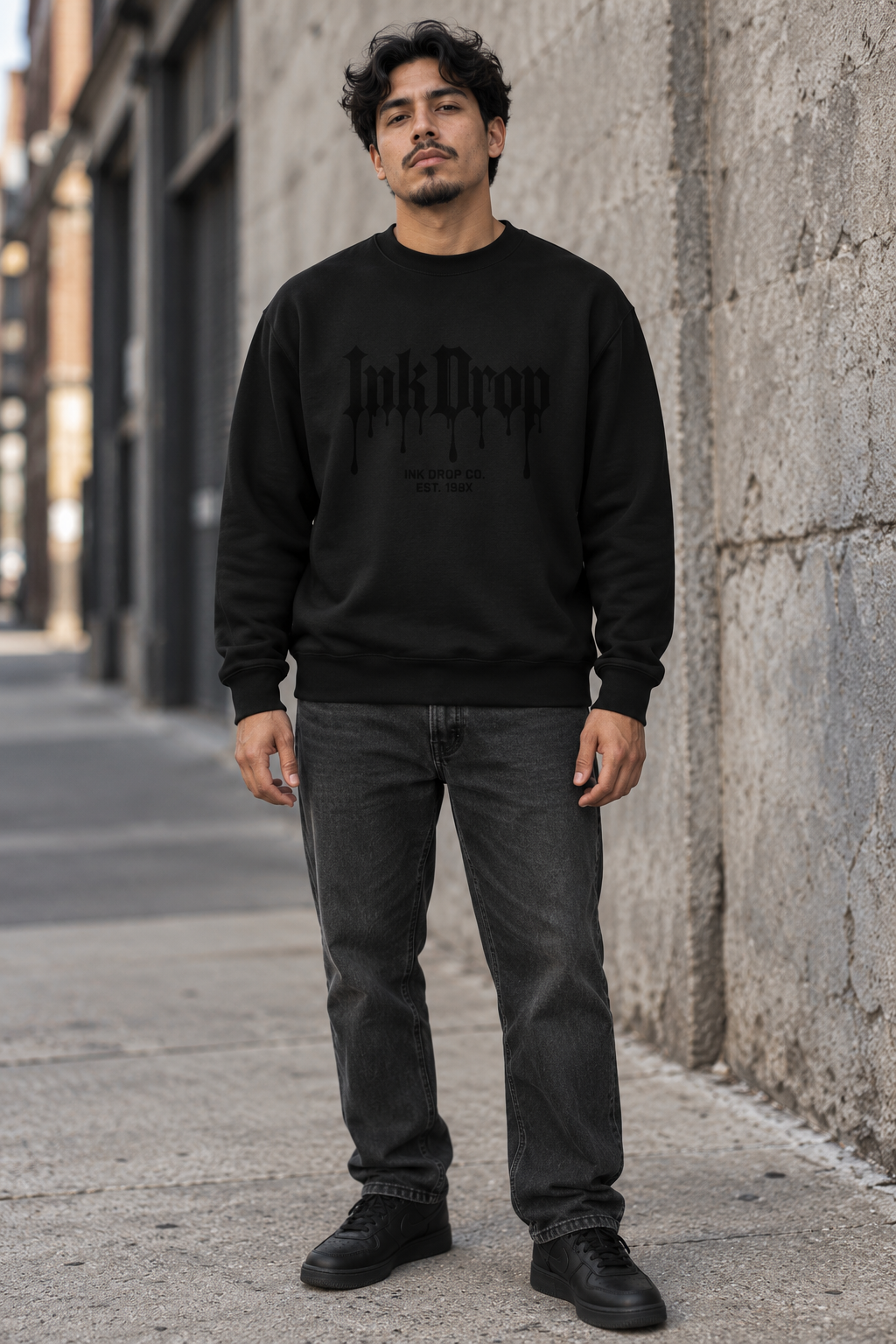 Black unisex crewneck sweatshirt with gothic drip logo front print