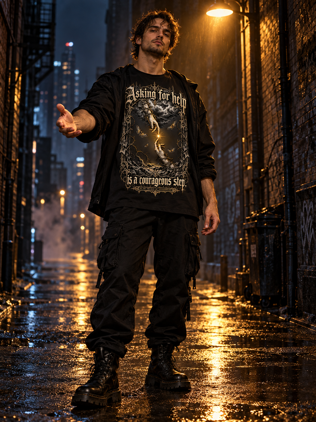 Black unisex graphic tee, front print of dragon under moon with ornate text
