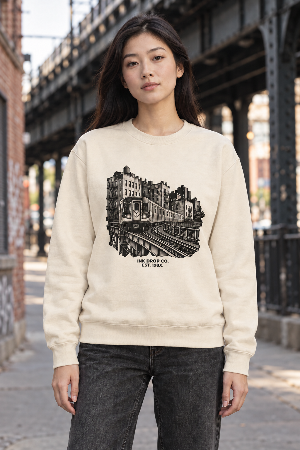 Cream bone unisex graphic crewneck sweatshirt with front city print
