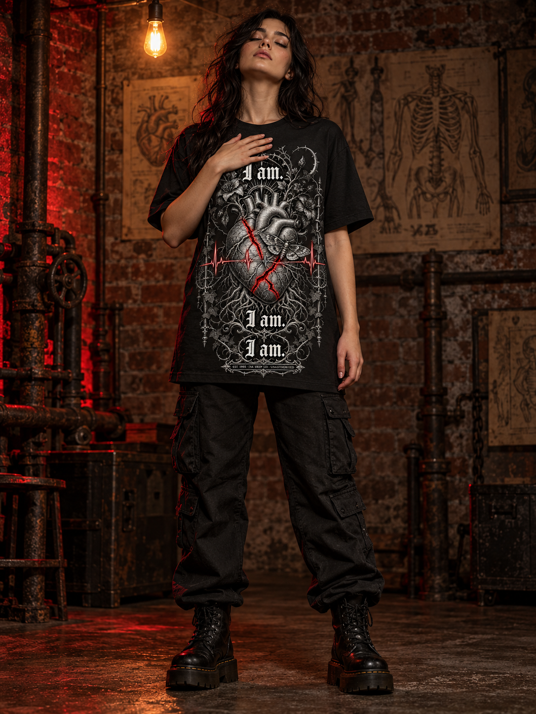 Black unisex graphic tee, large front heart design with red thread-like lines