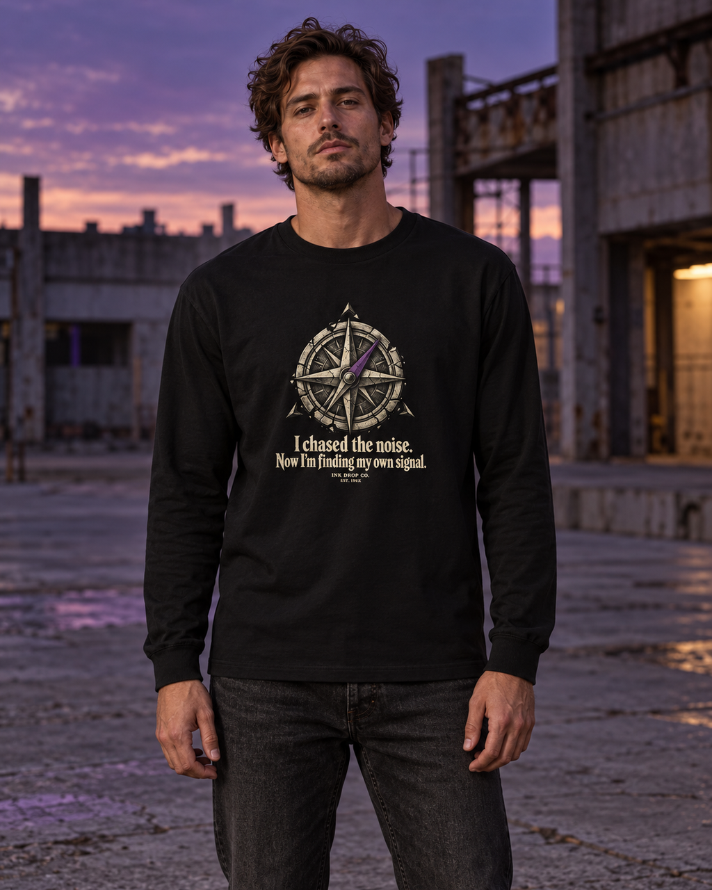 Black unisex long sleeve crewneck tee on model, chest compass graphic and slogan