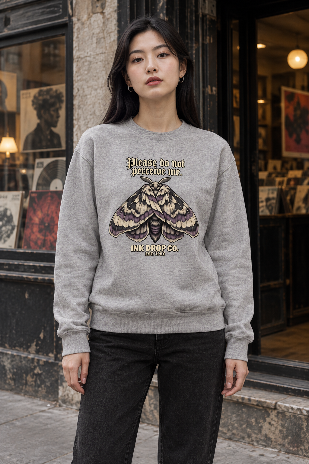 Charcoal heather unisex crewneck sweatshirt with chest graphic, long sleeves