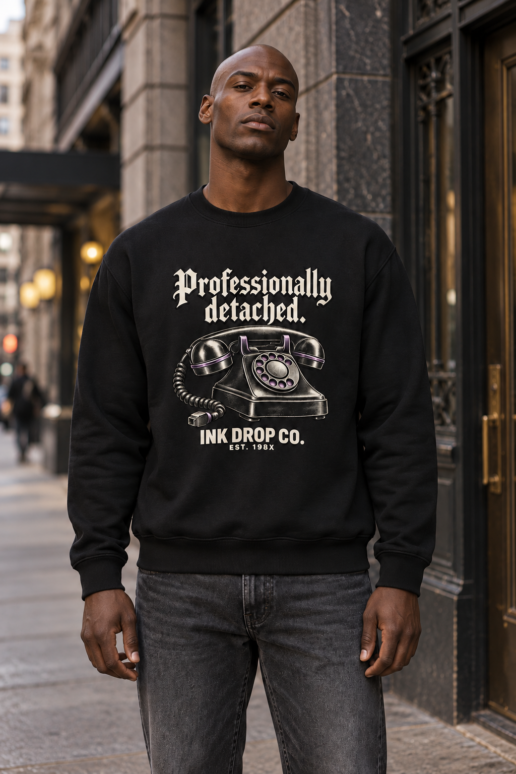 Black unisex crewneck sweatshirt with front printed graphic and ribbed cuffs
