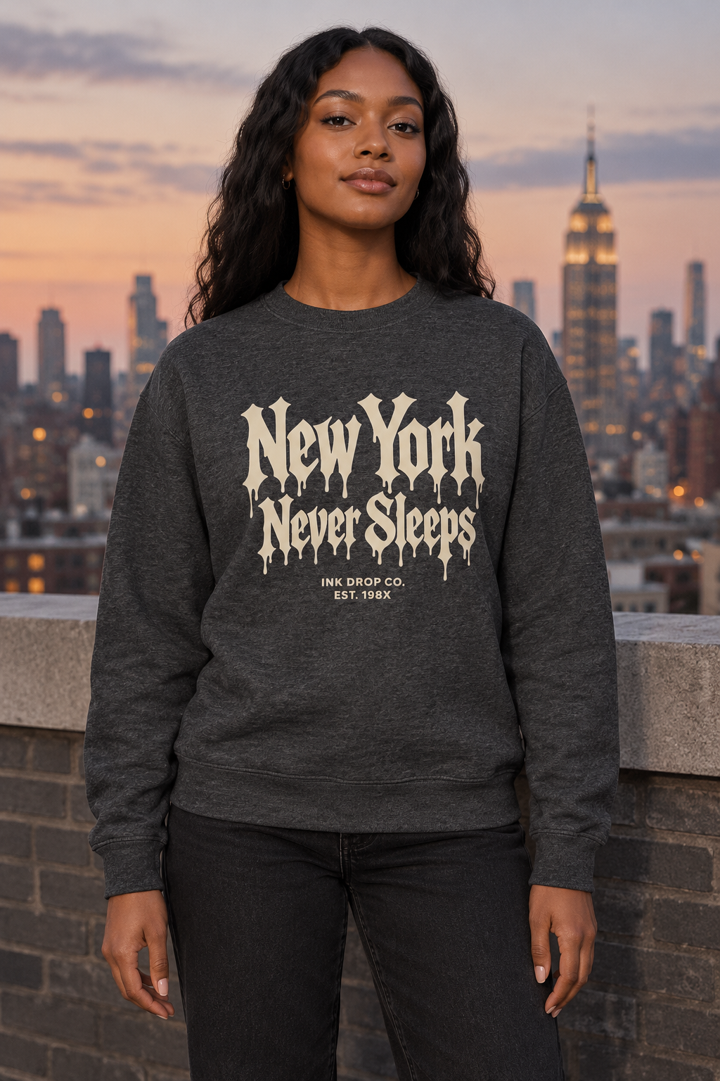 Unisex crewneck sweatshirt in dark heather gray with front New York graphic print