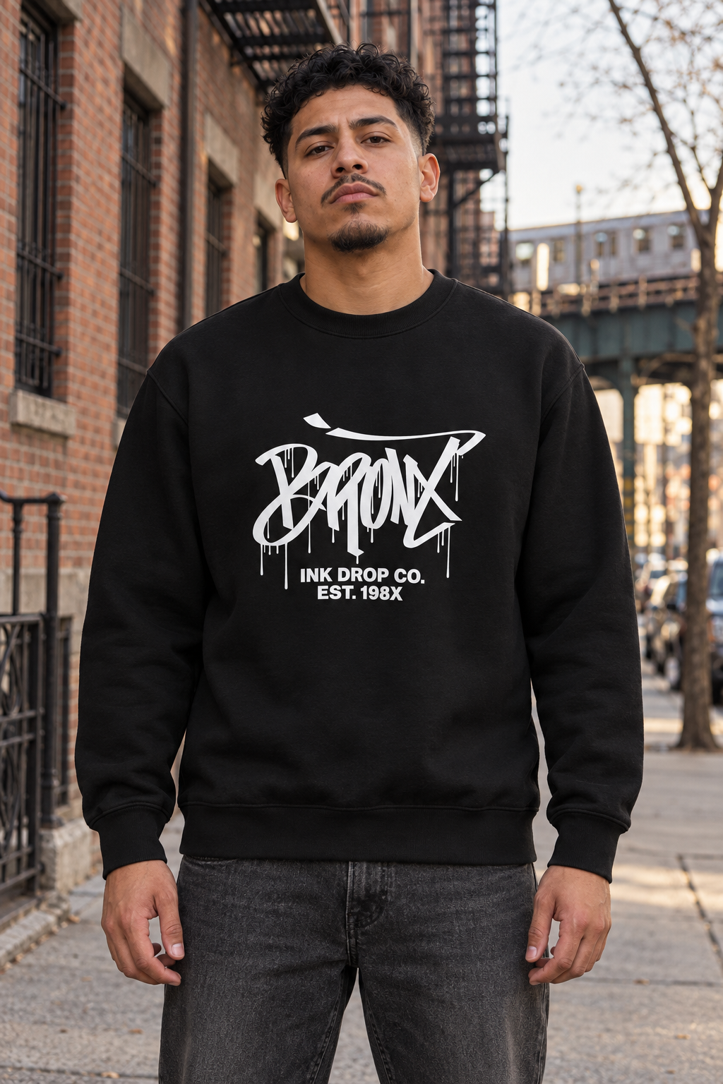 Black unisex crewneck sweatshirt with white chest logo, long sleeves, ribbed cuffs and hem