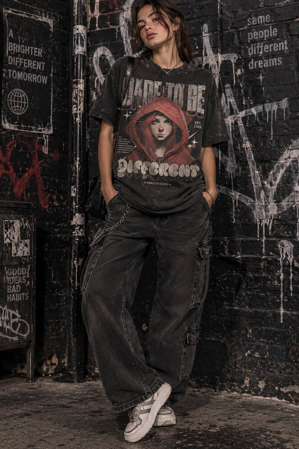 Black short-sleeve graphic crewneck tee with large illustrated face and text print