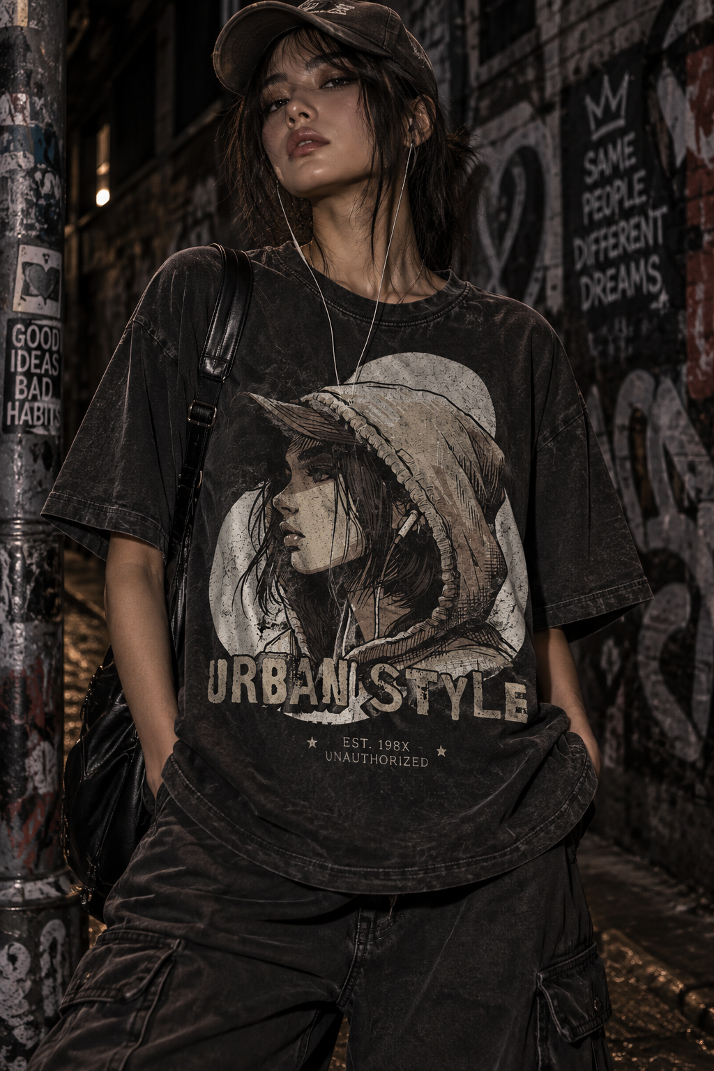 Dark graphic tee with hooded girl portrait print and 'URBAN STYLE' logo, short sleeves