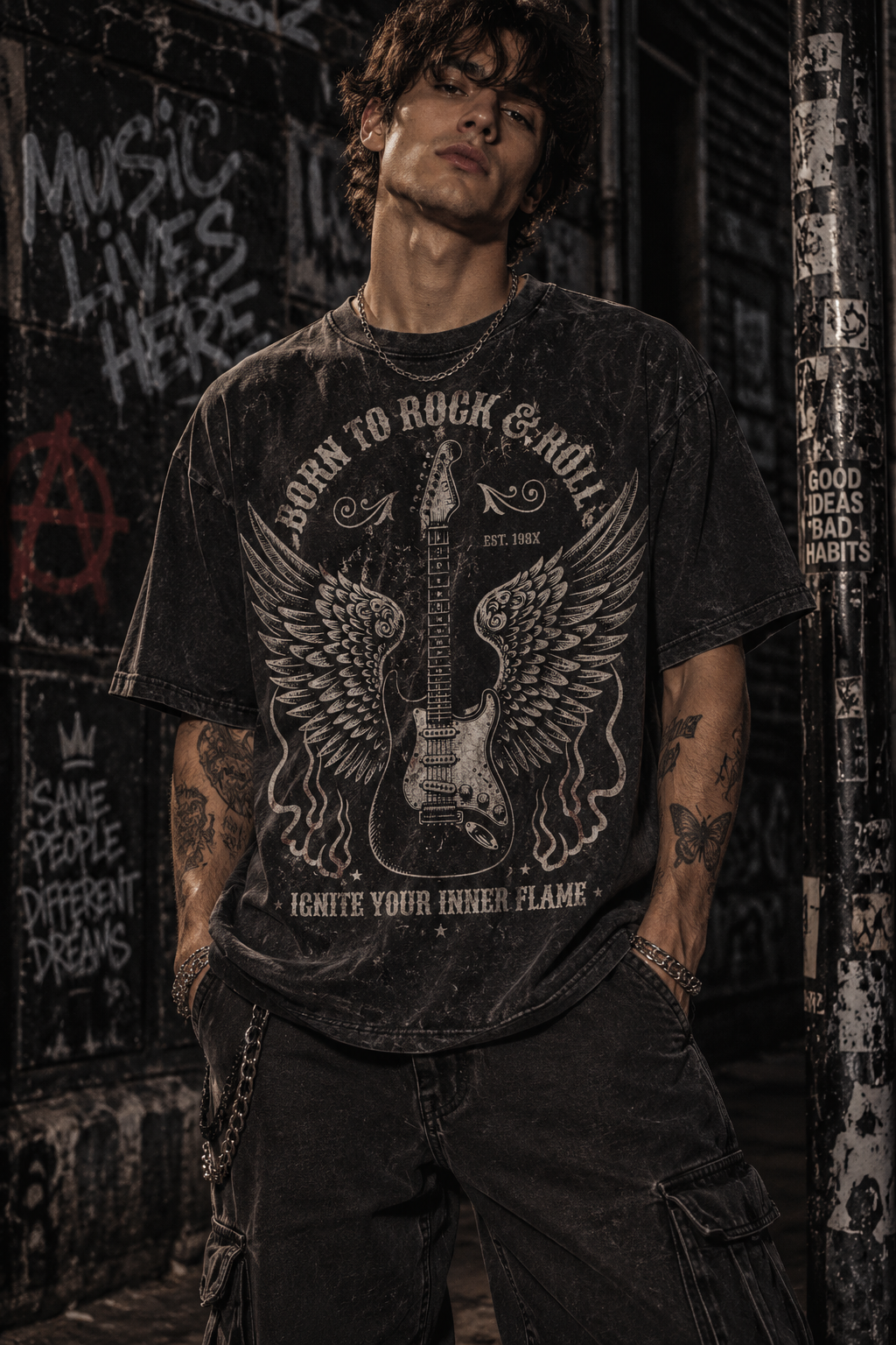 Dark graphic guitar tee with winged emblem and text, crew neck, short sleeves
