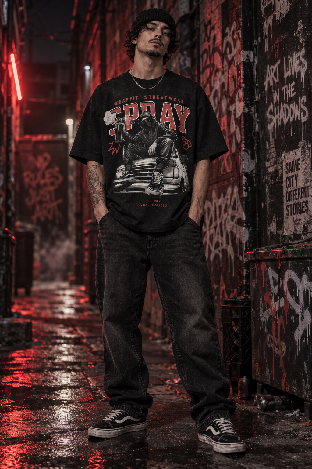Model wearing black graphic crew-neck T-shirt with streetwear 'SPRAY' print.