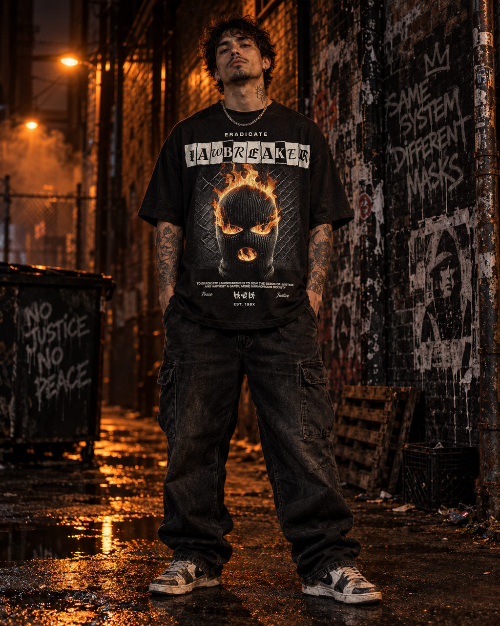 Black graphic band tee worn by man, front fiery skull print
