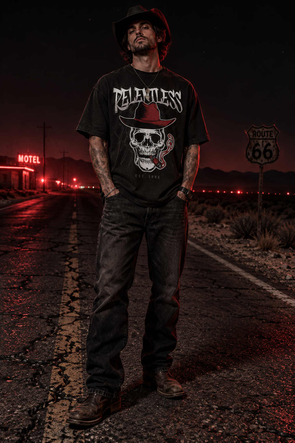 Black graphic T-shirt with cowboy skull and red hat print, worn by model