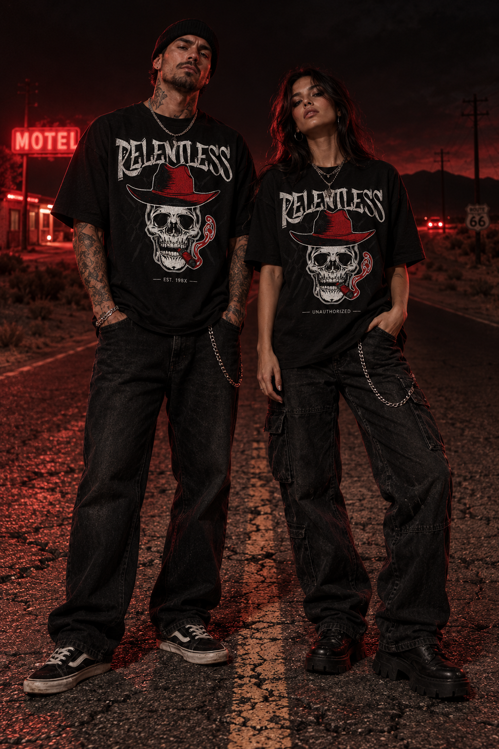 Two models wearing black unisex graphic tees with skull and hat front print