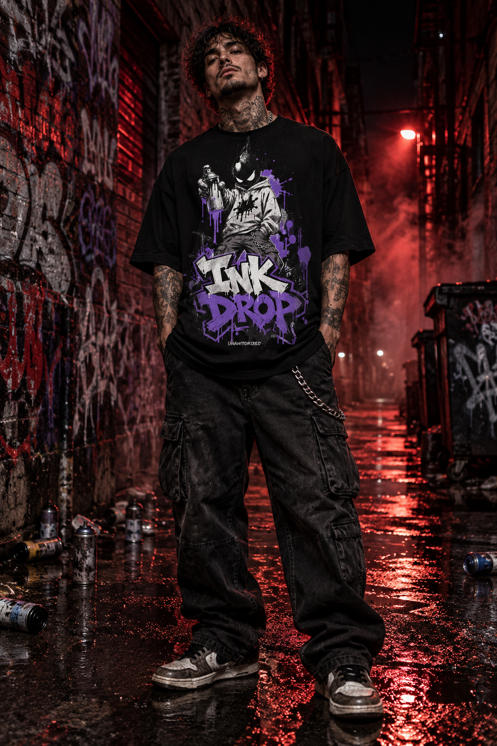 Men's black graphic tee worn with front “INK DROP” print