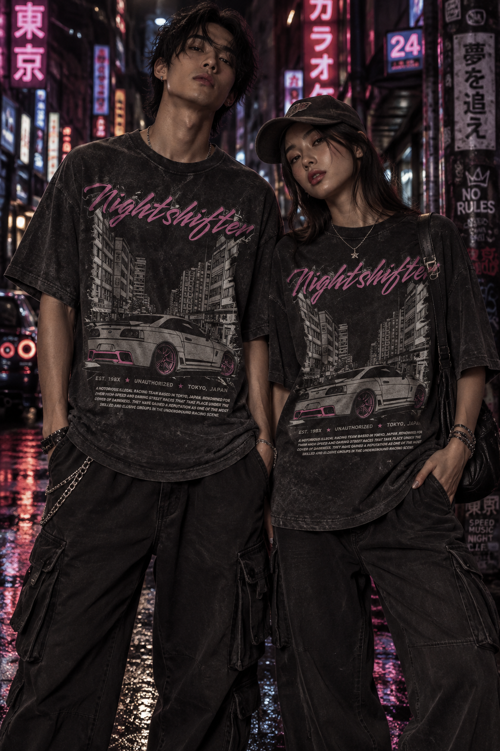Black Nightshifter graphic T-shirt worn by models, city car print on the front