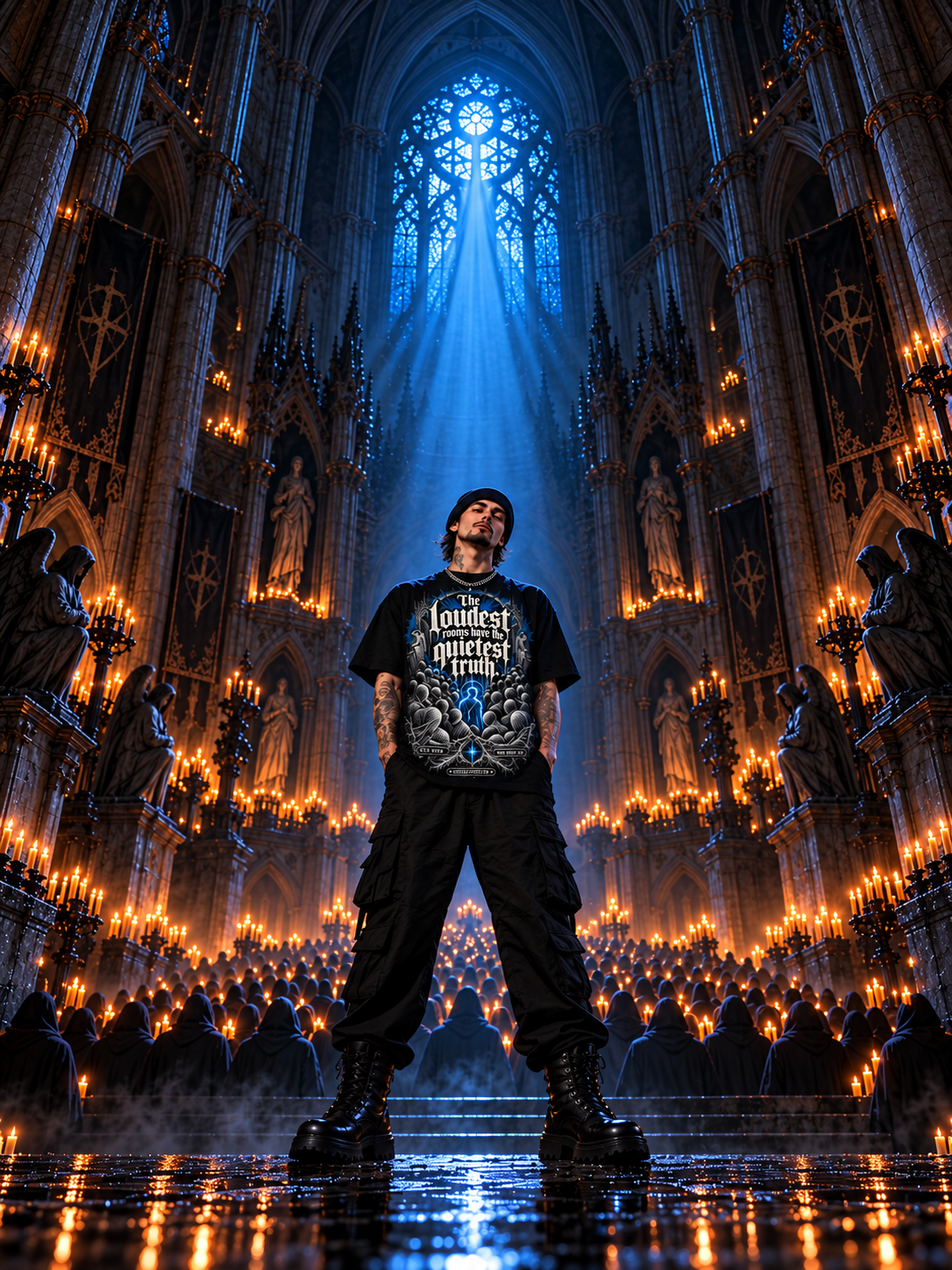 Men's gothic graphic tee, black, blue skull-tree front graphic worn by model