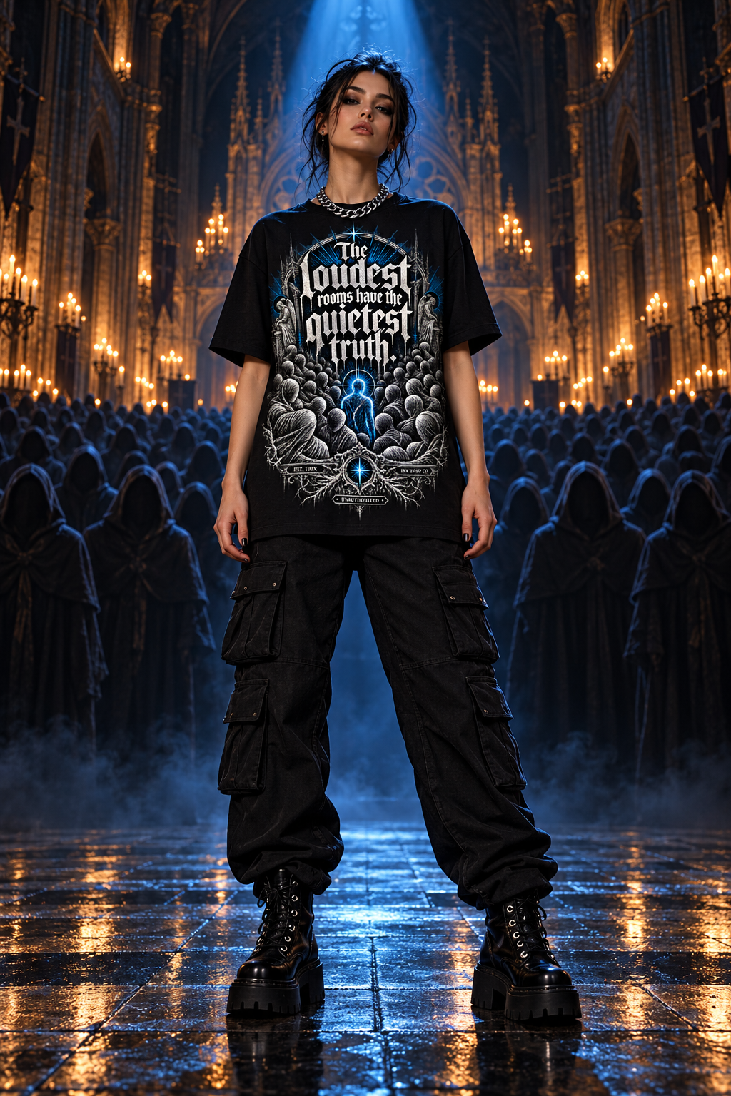 Women’s gothic graphic tee, black with front print in black and blue