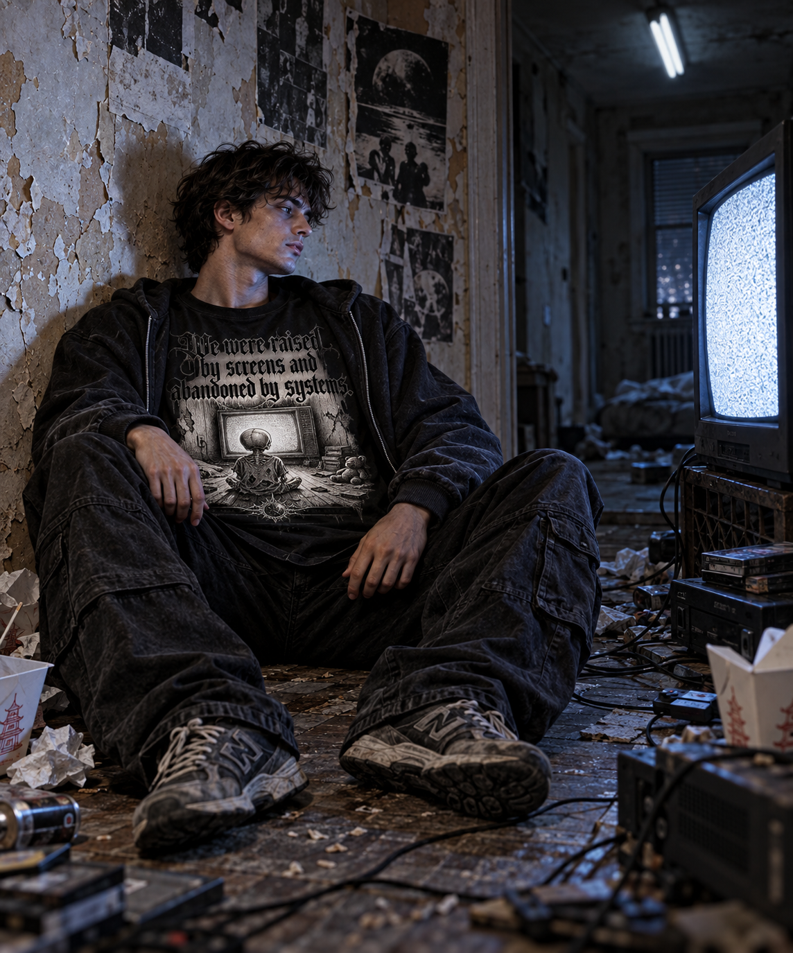 Men's graphic crewneck T-shirt with front artwork, worn by model