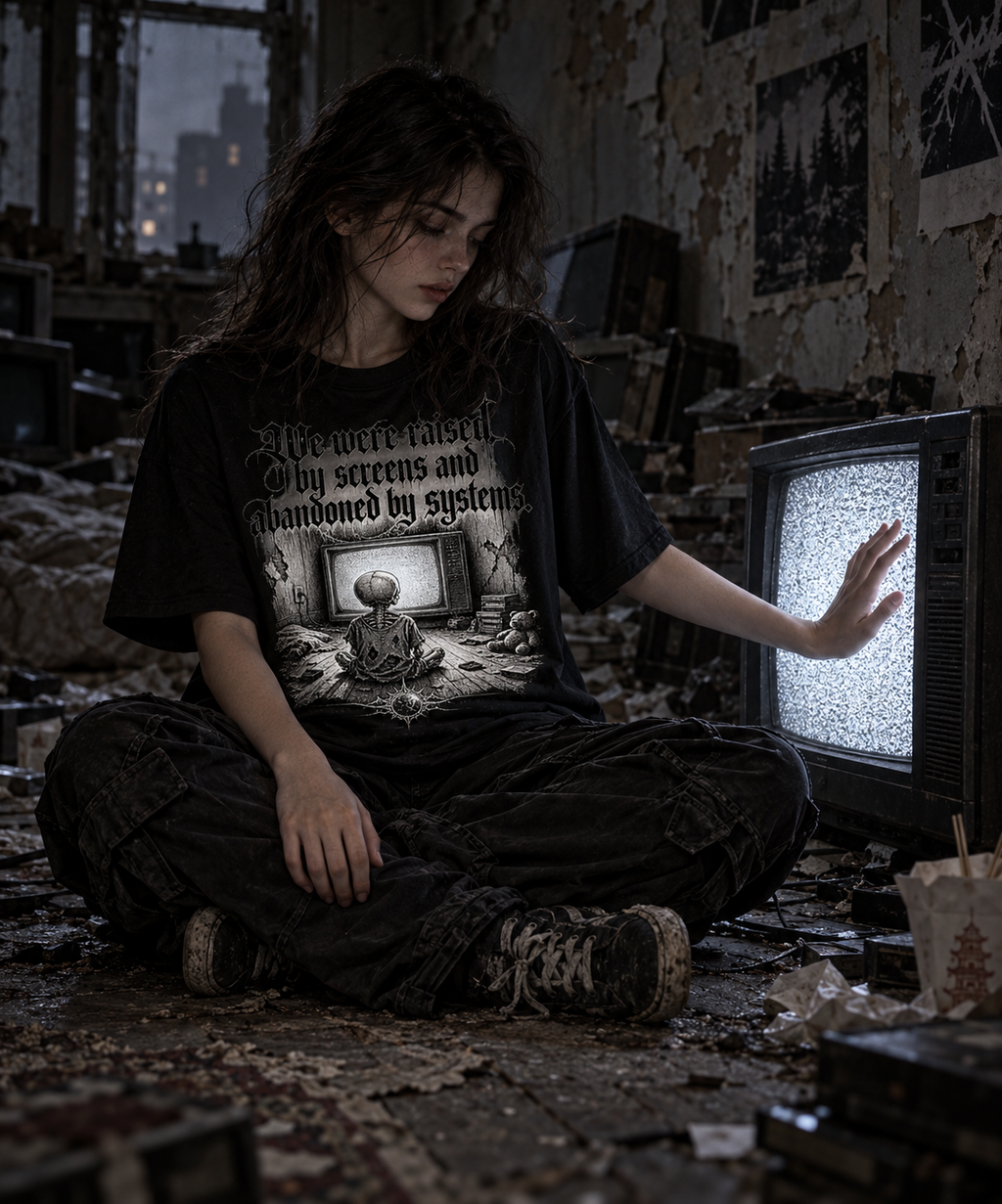 Women’s graphic tee in black, front gothic print worn by a seated model