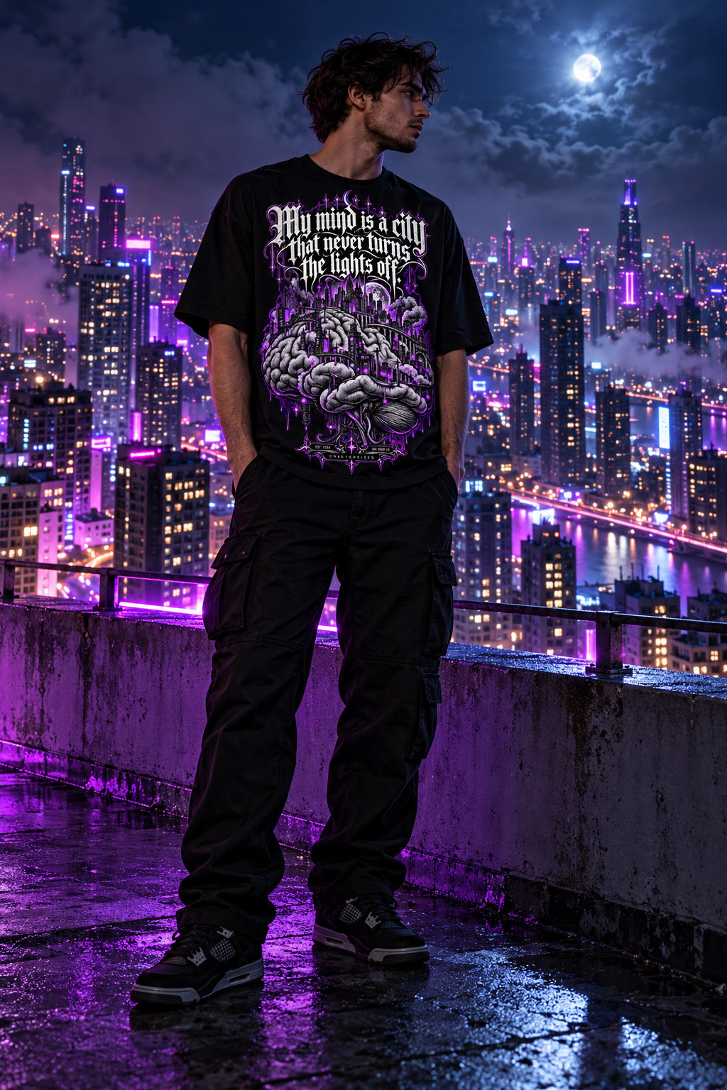 Men's black graphic T-shirt with purple brain and city slogan, worn by model