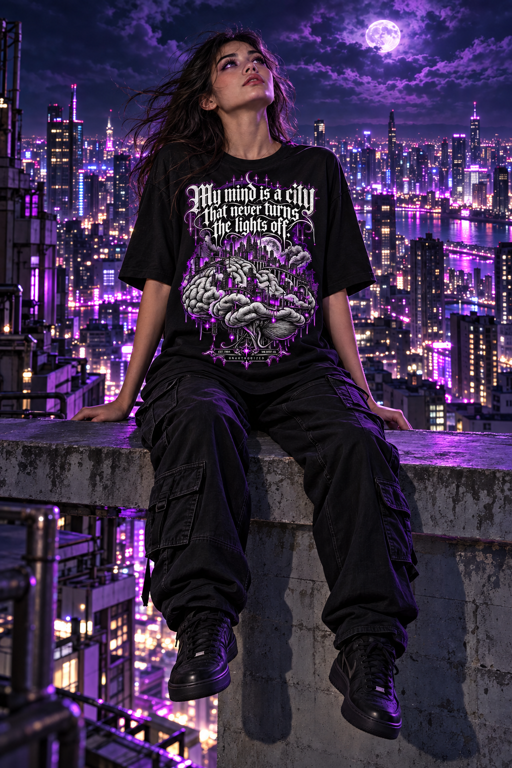 Women’s black graphic tee with large purple city-and-brain print; short sleeves, crew neck.