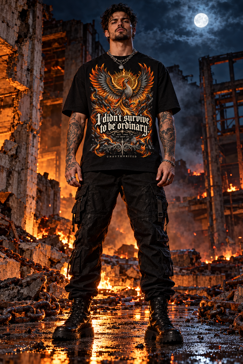 Men's black graphic T-shirt with fiery eagle wing front print