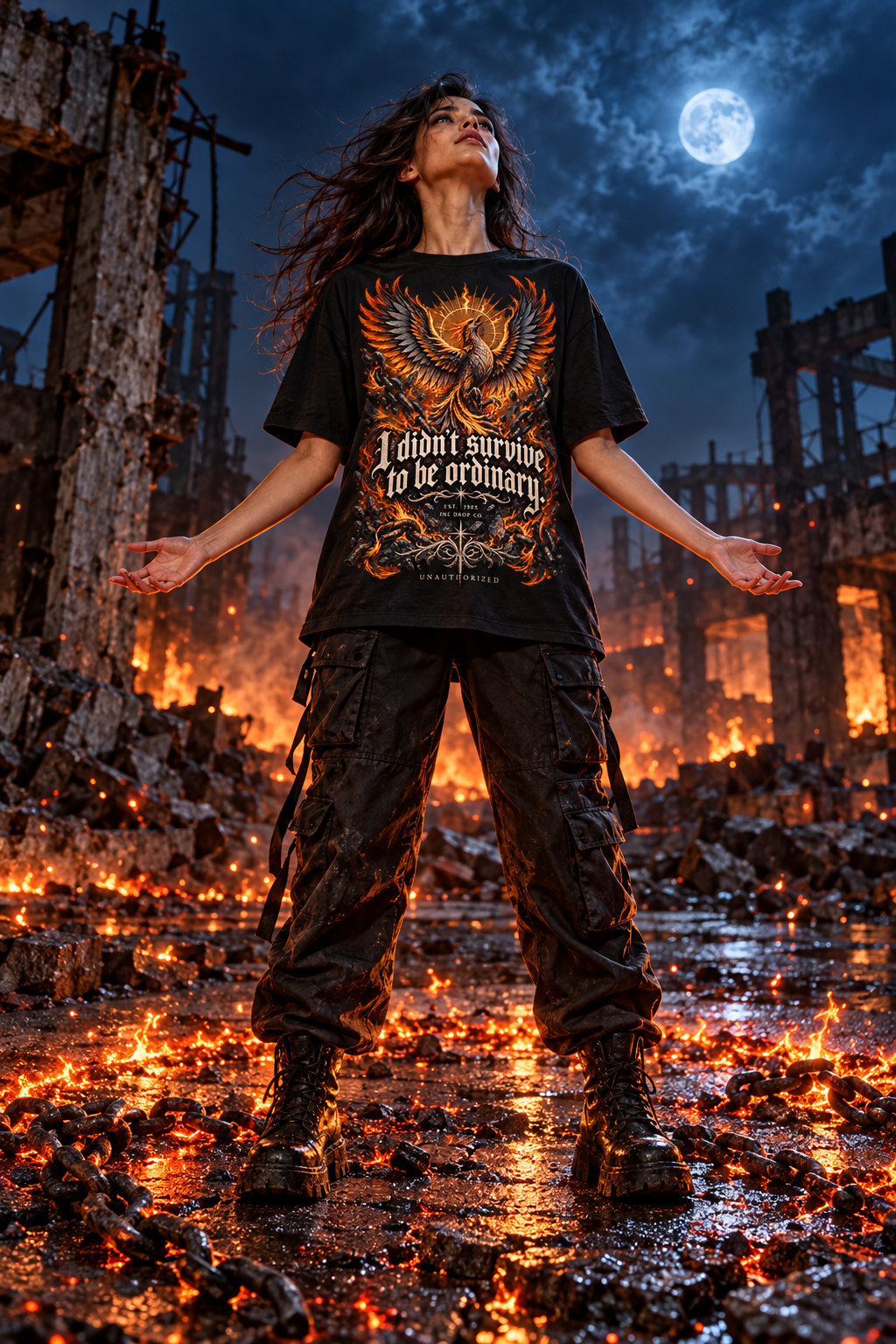 Women’s graphic tee in black with phoenix skull flame front print