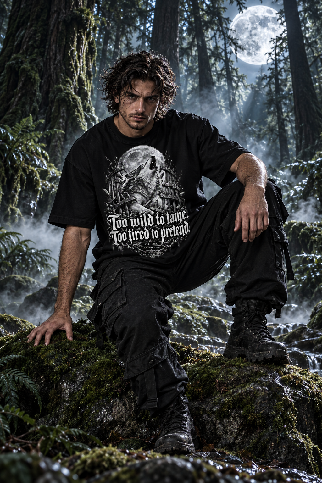 Men's black graphic tee with wolf head front print, short sleeves