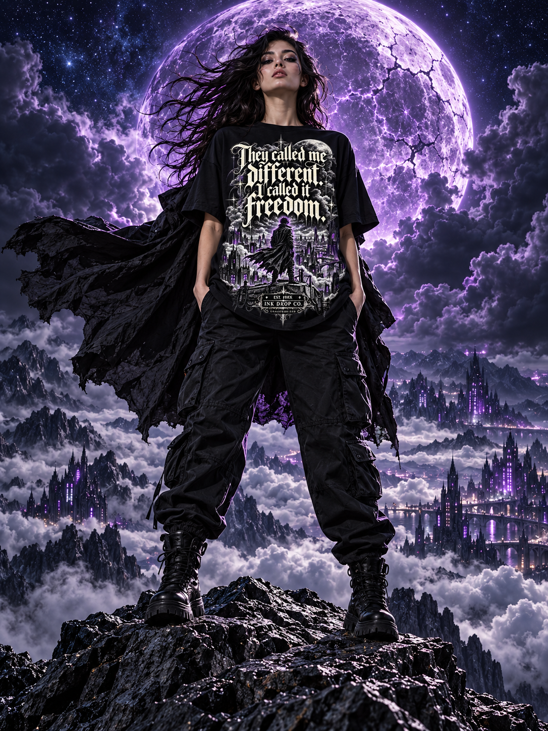 Women’s black graphic tee worn, featuring purple city freedom graphic on the front