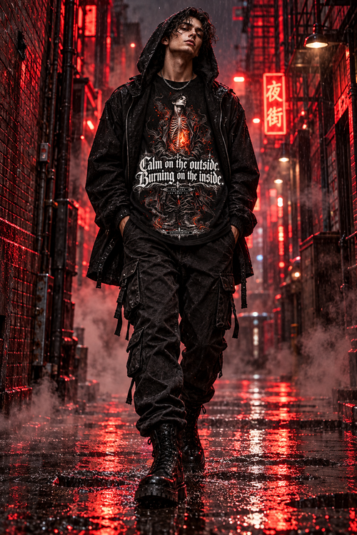 Men's black graphic tee with fiery skeleton front print, worn