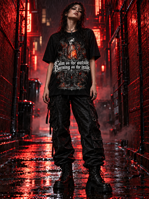 Anxiety women's graphic tee in black with front skeleton flame graphic and text