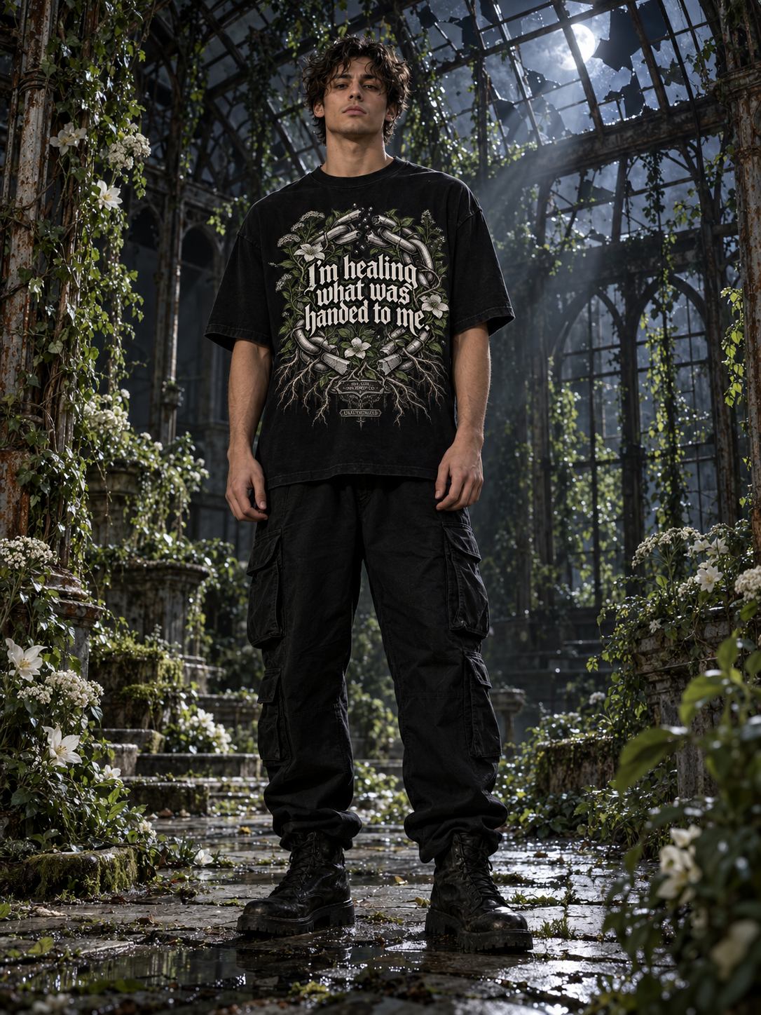Men's black graphic tee with front healing text and floral chain artwork