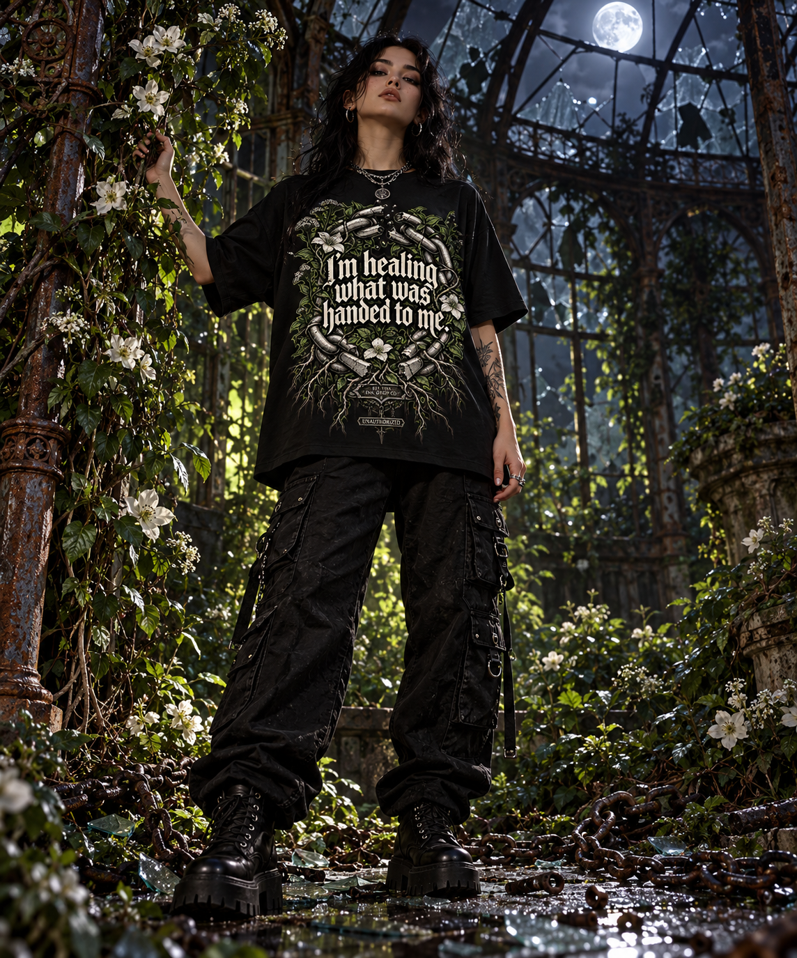 Women's black graphic tee worn by model, front quote and floral chain print
