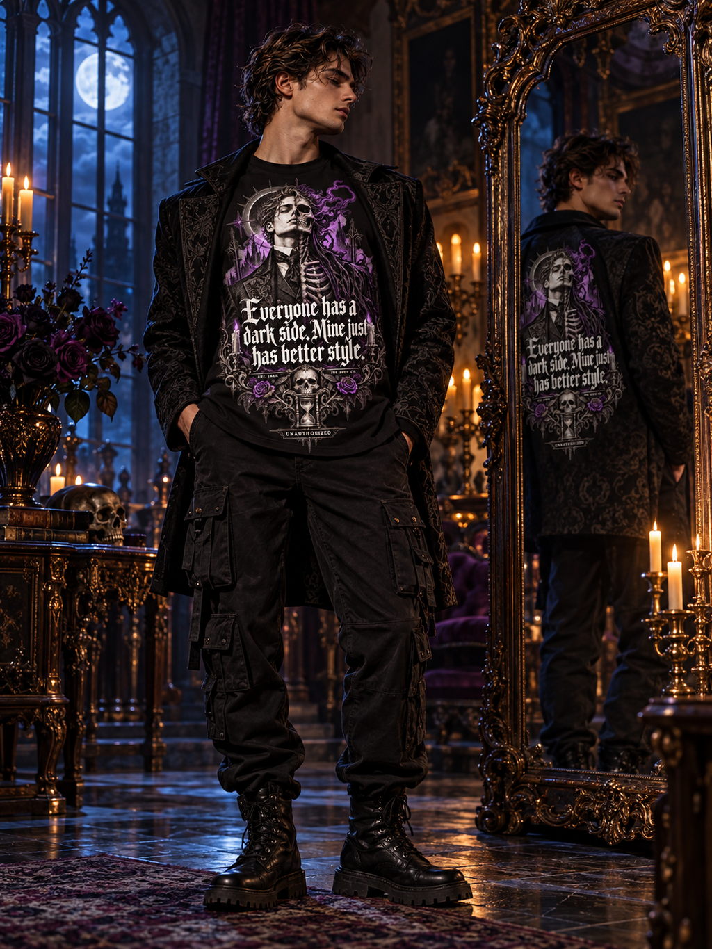 Mens black graphic T-shirt worn by model, skull and purple text graphic on chest