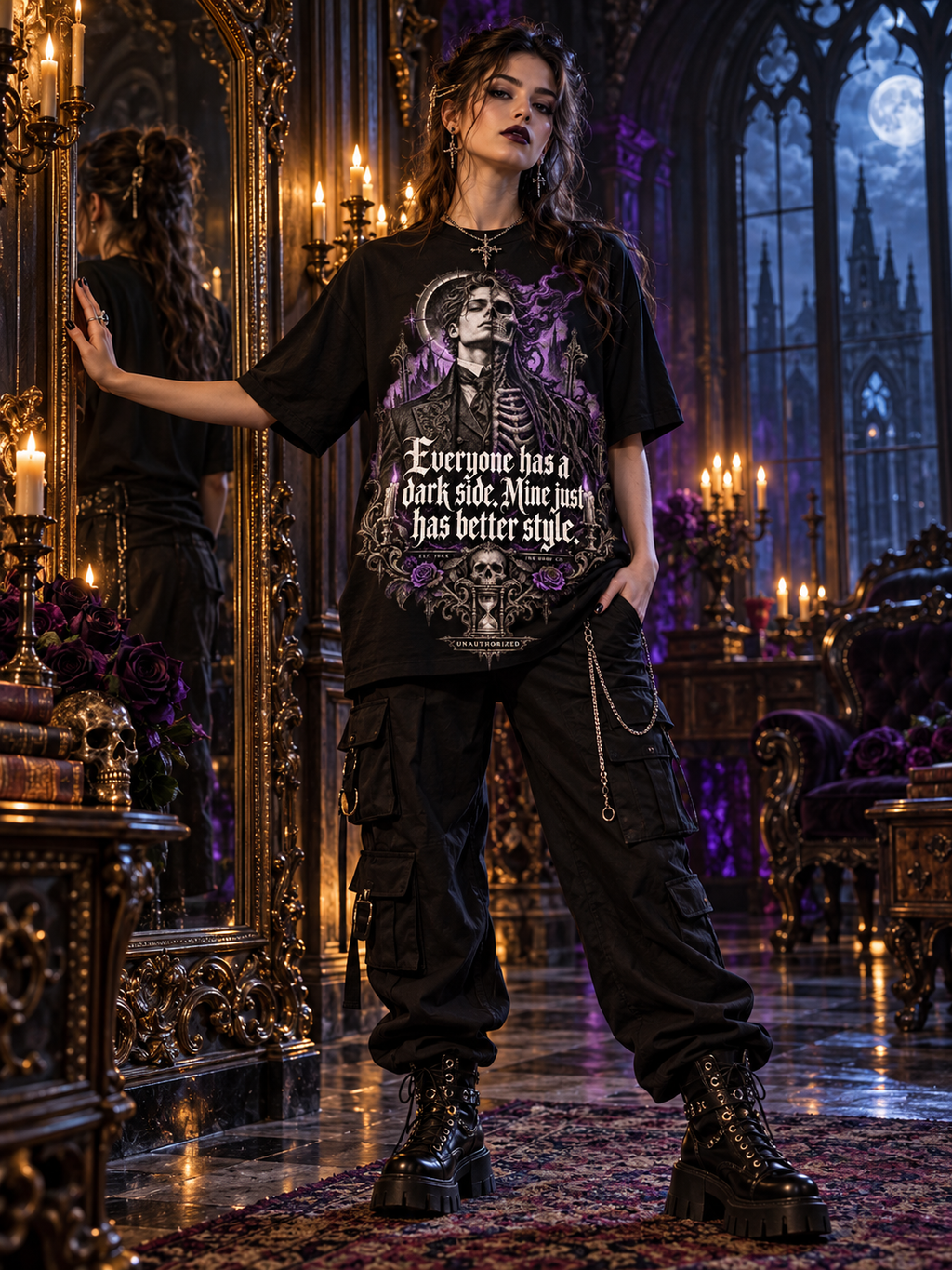 Black women's graphic tee worn with purple skull portrait and quote front print