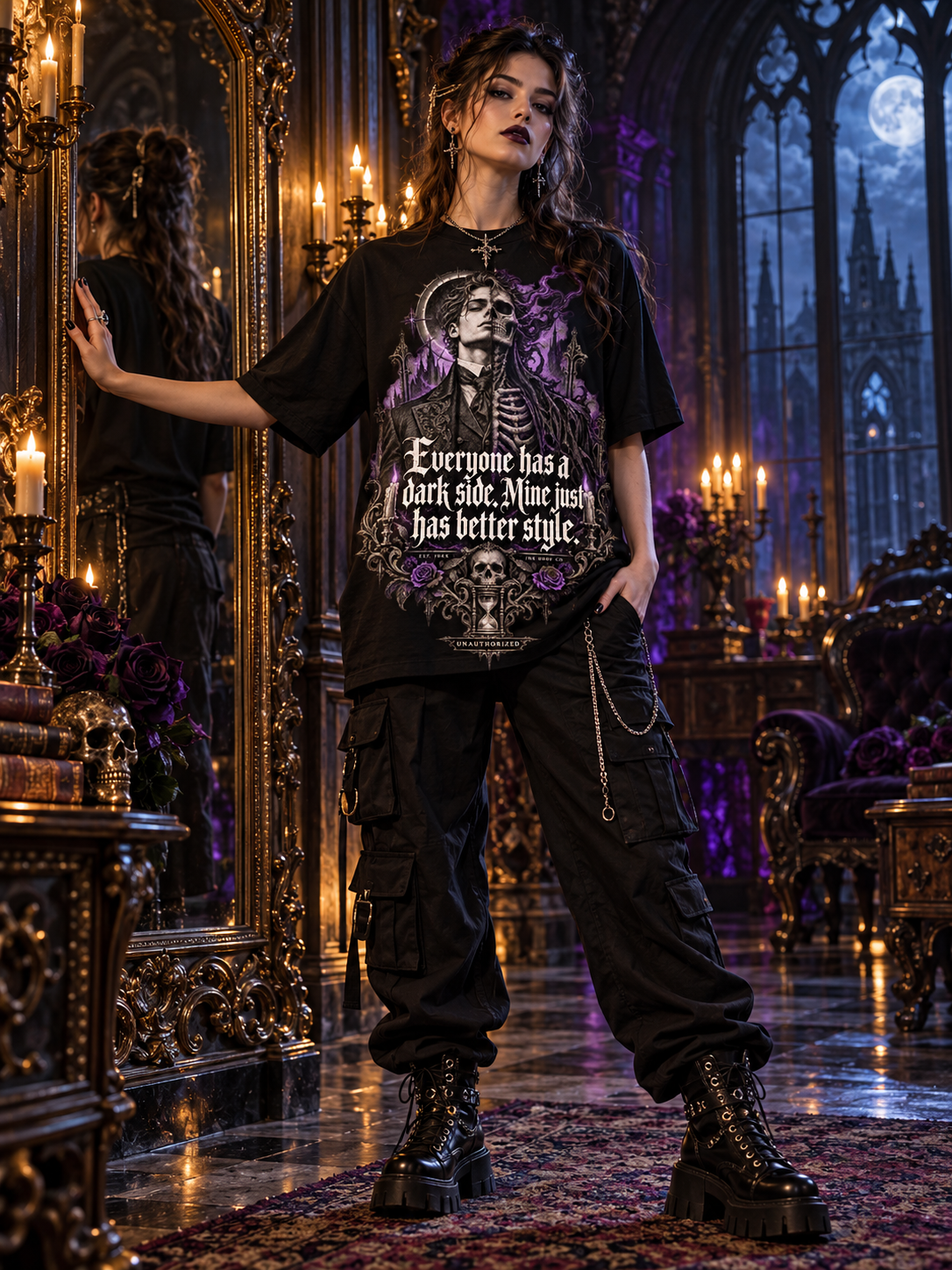Black women's graphic tee worn with purple skull portrait and quote front print